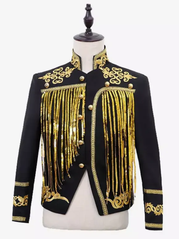 Black Vintage Top Sequin Tassel Coat Long Sleeves Retro Costumes For Man