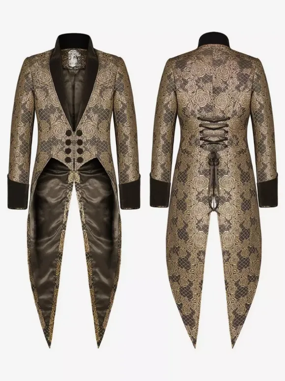 Black Vintage Top Vintage Split Front Lace Up Jacquard Long Sleeves Polyester Top Retro Costumes For Man