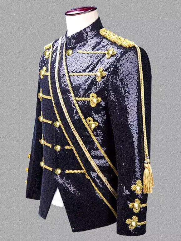 Black Vintage Top Vintage Polyester Fringe Sequins Long Sleeves Retro Costumes For Man