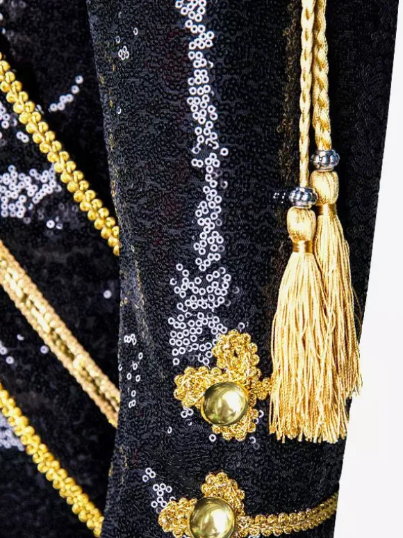 Black Vintage Top Vintage Polyester Fringe Sequins Long Sleeves Retro Costumes For Man