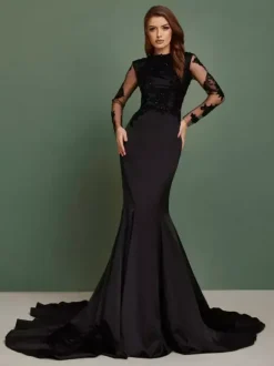 Black Wedding Dresses 2026 Satin Fabric Mermaid Long Sleeves Lace With Train Bridal Gown Free Customization