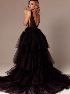 Black Wedding Dresses A-Line Sleeveless Lace Sweep Bridal Gown Free Customization