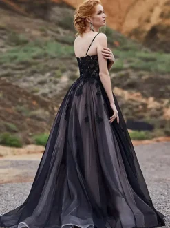 Black Wedding Dresses A-Line Sleeveless Lace With Train Bridal Dress Free Customization