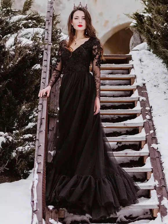 Black Wedding Dresses A-Line Long Sleeves Lace Floor-Length Bridal Gown Free Customization