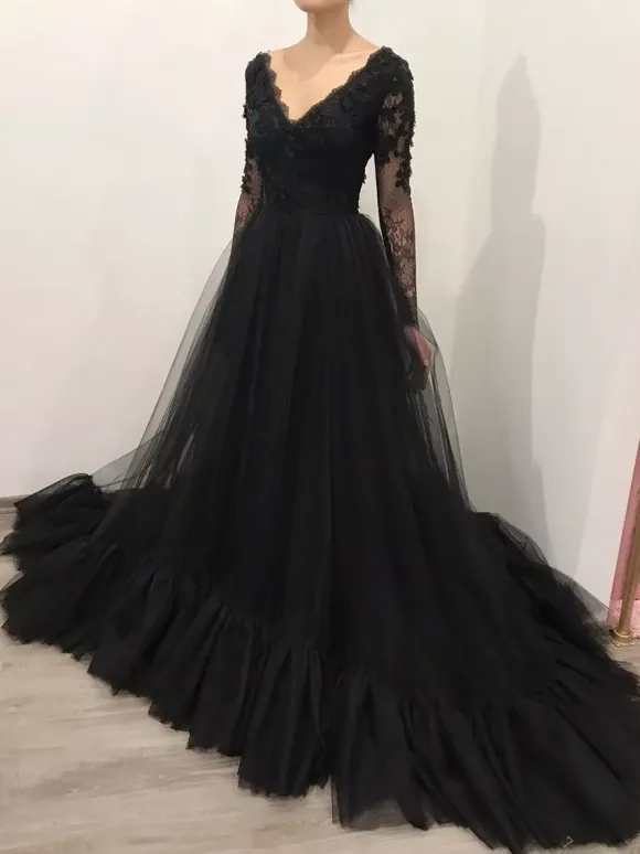 Black Wedding Dresses A-Line Long Sleeves Lace Floor-Length Bridal Gown Free Customization