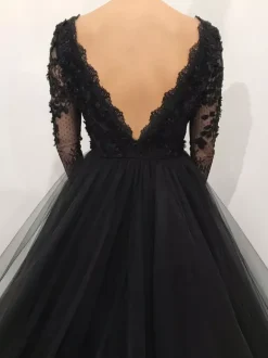 Black Wedding Dresses A-Line Long Sleeves Lace Floor-Length Bridal Gown Free Customization