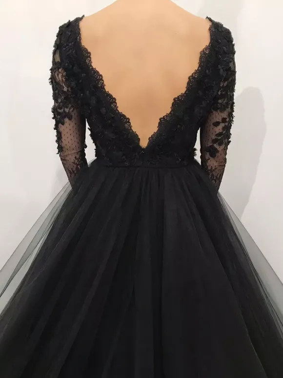Black Wedding Dresses A-Line Long Sleeves Lace Floor-Length Bridal Gown Free Customization