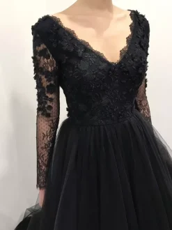 Black Wedding Dresses A-Line Long Sleeves Lace Floor-Length Bridal Gown Free Customization
