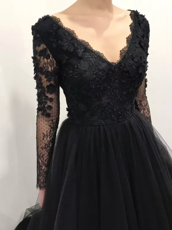 Black Wedding Dresses A-Line Long Sleeves Lace Floor-Length Bridal Gown Free Customization