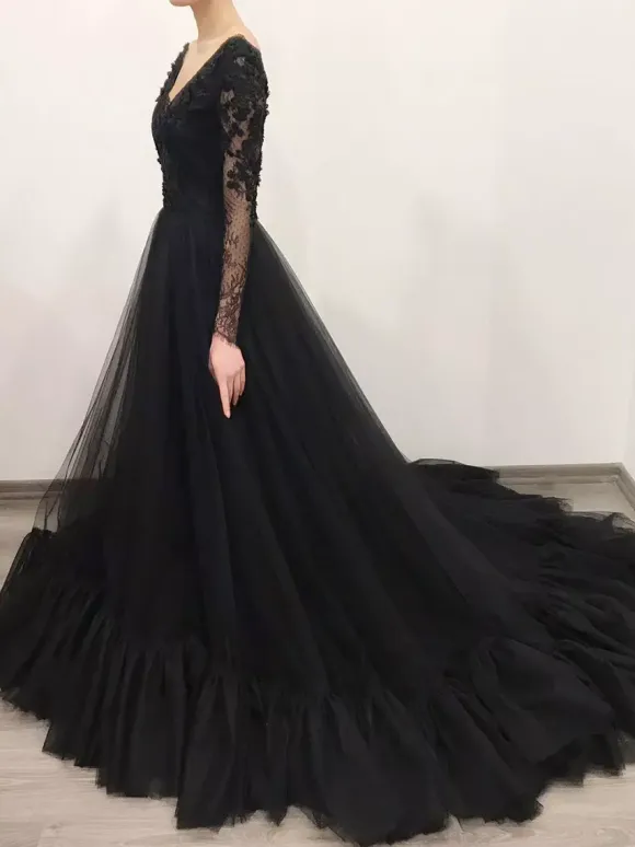 Black Wedding Dresses A-Line Long Sleeves Lace Floor-Length Bridal Gown Free Customization