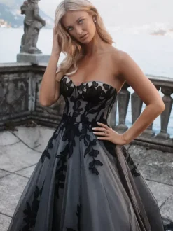 Black Wedding Dresses A-Line Sleeveless Lace Tulle With Train Bridal Gown