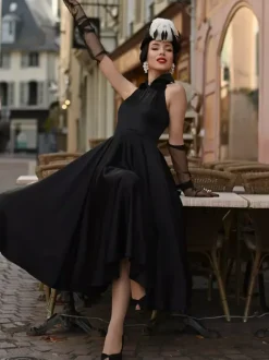 Black Wedding Dresses A-Line Sleeveless Satin Fabric Tea-Length Bridal Gown