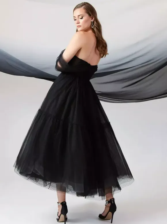 Black Wedding Dresses A-Line Sleeveless Lace Tea-Length Bridal Gown Free Customization