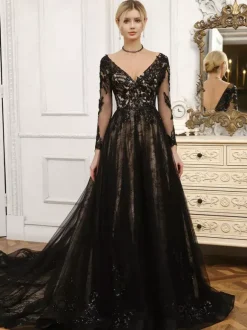 Black Wedding Dresses Lace A-Line Long Sleeves With Train Bridal Gown Free Customization