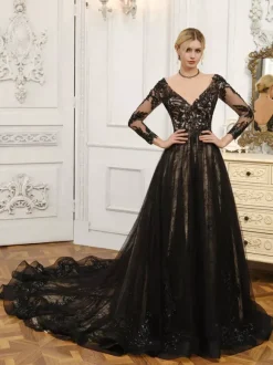 Black Wedding Dresses Lace A-Line Long Sleeves With Train Bridal Gown Free Customization