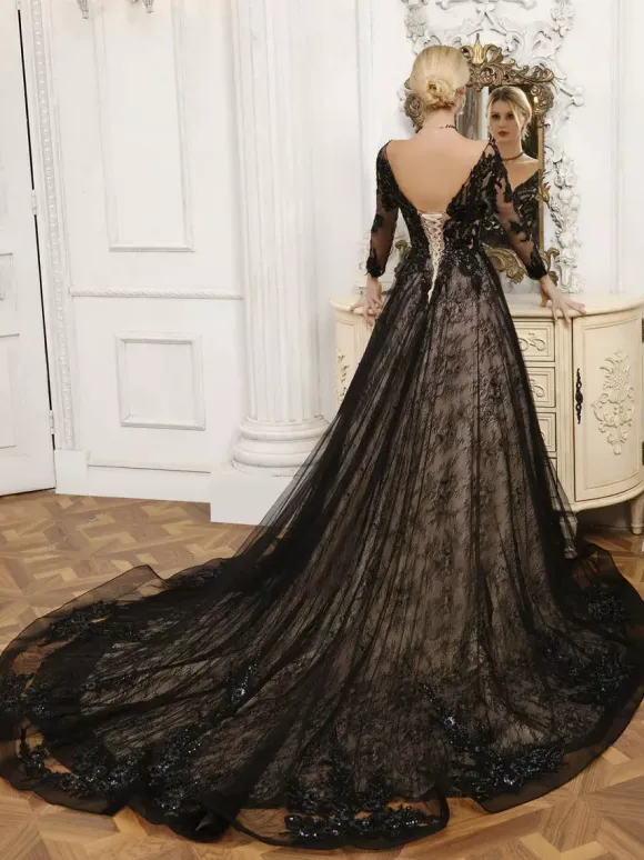 Black Wedding Dresses Lace A-Line Long Sleeves With Train Bridal Gown Free Customization