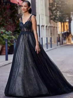 Black Wedding Dresses Lace A-Line Sleeveless With Train Bridal Gown Free Customization