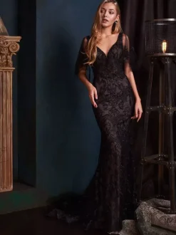Black Wedding Dresses Mermaid Short Sleeves Lace Polyester Bridal Dress With Train Free Customization