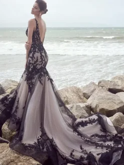 Black Wedding Dresses Mermaid Sleeveless Lace With Train Bridal Dress Free Customization