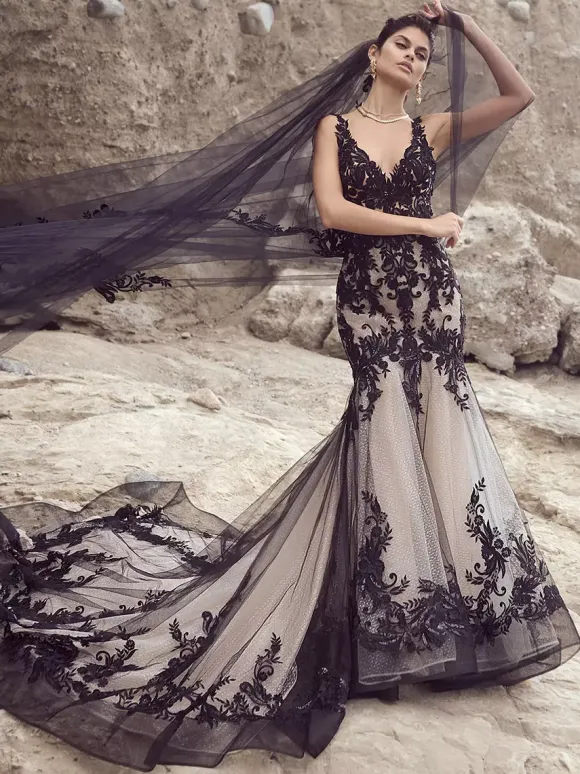 Black Wedding Dresses Mermaid Sleeveless Lace With Train Bridal Dress Free Customization