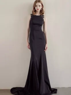 Black Wedding Dresses Mermaid Sleeveless Lace Stretch Crepe With Train Bridal Gown