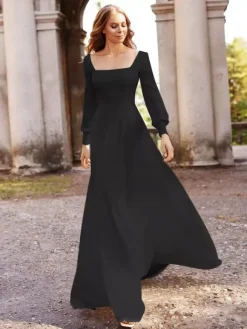 Black Wedding Dresses Satin Fabric A-Line Long Sleeves Natural Waist With Train Bridal Gown