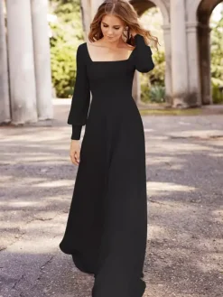 Black Wedding Dresses Satin Fabric A-Line Long Sleeves Natural Waist With Train Bridal Gown