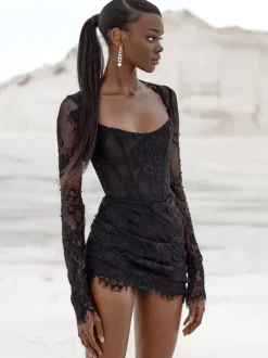 Black Wedding Dresses Sheath Long Sleeves Lace Short Bridal Dress Free Customization