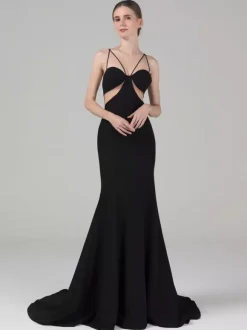 Black Wedding Dresses Stretch Crepe Mermaid Sleeveless Cut Out With Train Bridal Gown Free Customization