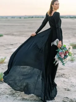 Black Wedding Dresses Stretch Crepe A-Line Long Sleeves With Train Bridal Gown Free Customization