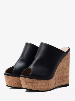 Black Wedge Heels Peep Toe Platform Backless Wedge Slippers