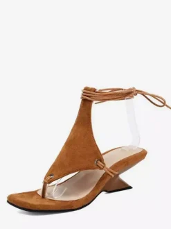 Black Wedge Sandals Women's Thong Lace Up Designed Heel Sandals