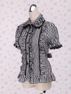 Black White Gingham Lolita Blouse Short Sleeves Ruffles Lace Trim
