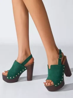 Black Women's Clogs Peep Toe Stud Chunky Heel Slingback Sandals