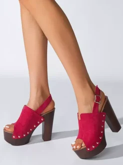 Black Women's Clogs Peep Toe Stud Chunky Heel Slingback Sandals