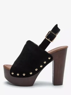 Black Women's Clogs Peep Toe Stud Chunky Heel Slingback Sandals