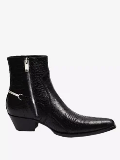 Black Ankle Boots Men's Pointed Toe Snake Pattern Chain Detail Booties