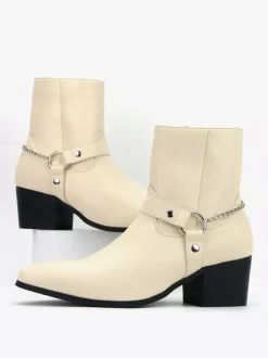 Black Ankle Boots Men's Round Toe Chain Detail Chunky Heel Booties