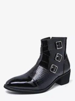 Black Ankle Boots Men's Round Toe Buckle Detail Zip Up Booties