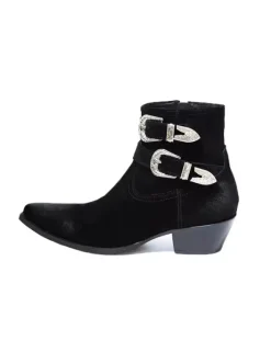 Black Ankle Boots Men's Round Toe Buckle Designed Chunky Heel Cowboy Boots