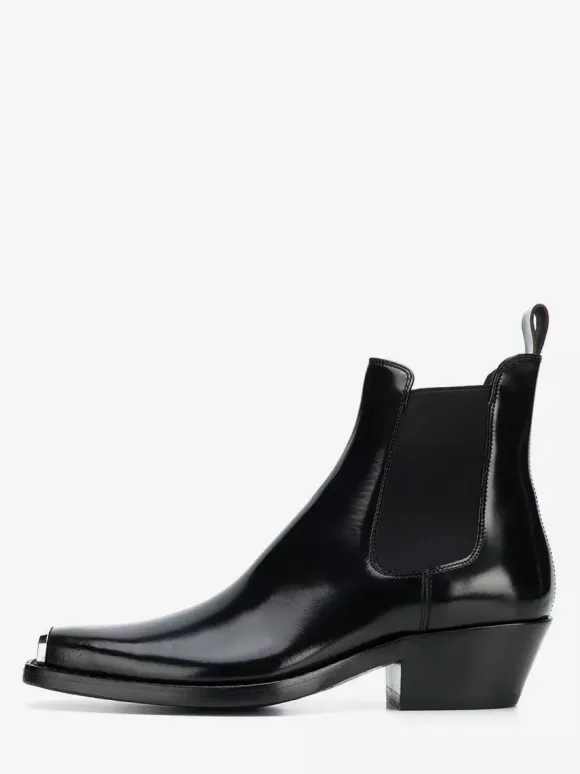 Black Ankle Boots Men's Square Toe Metal Detail Chunky Heel Chelsea Boots