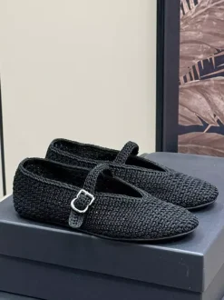 Black Ballet Flats Cane Round Toe Buckle Detail Flat Shoes