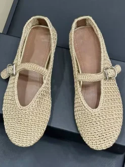 Black Ballet Flats Cane Round Toe Buckle Detail Flat Shoes