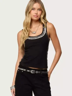 Black Cami Top Jewel Neck Rivets Sexy Women Camis Tanks