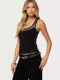 Black Cami Top Jewel Neck Rivets Sexy Women Camis Tanks