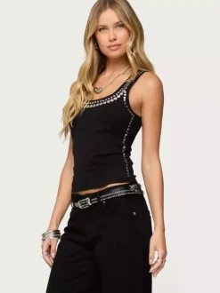 Black Cami Top Jewel Neck Rivets Sexy Women Camis Tanks