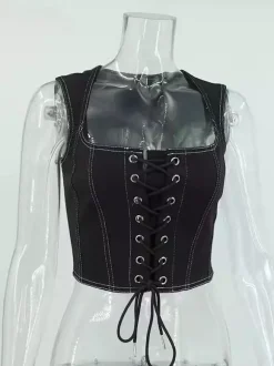 Black Cami Top Lace Up Polyester Sexy Women Camis