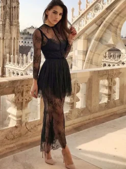 Black Cocktail Dress 2026 Sheath Jewel Neck Long Sleeve Lace Pleated Social Party Dresses Pageant Dress