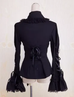 Black Cotton Lolita Blouse Long Hime Sleeves Lace Up Lace Trim Turn-down Collar