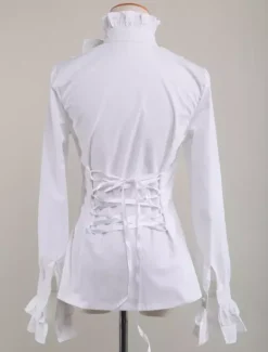 Black Cotton Lolita Blouse Long Sleeves Stand Collar Ruffles Bow